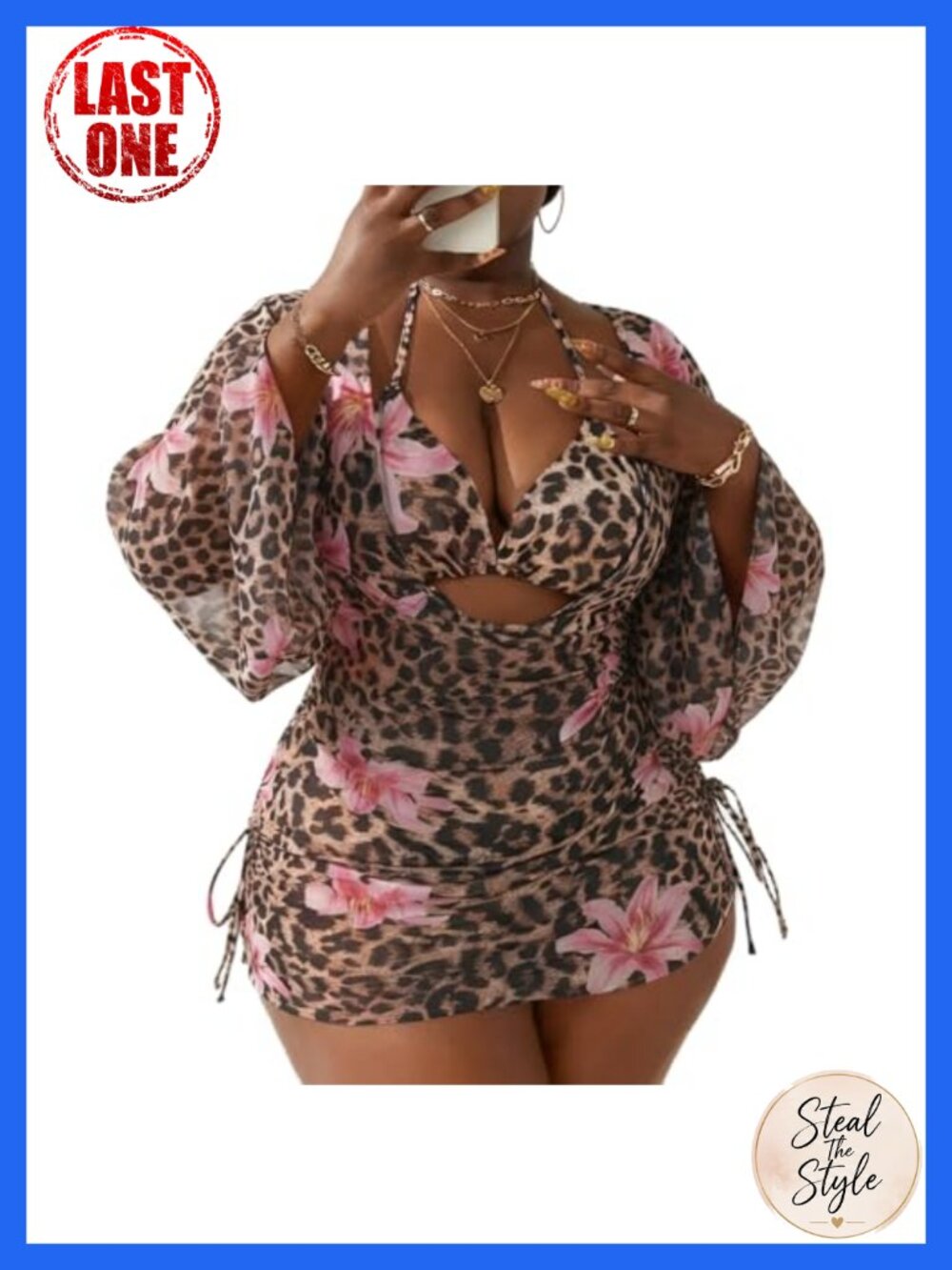 Plus Size Halter String Triangle Bikini Set 3 Piece Swimsuit with Side Ruched